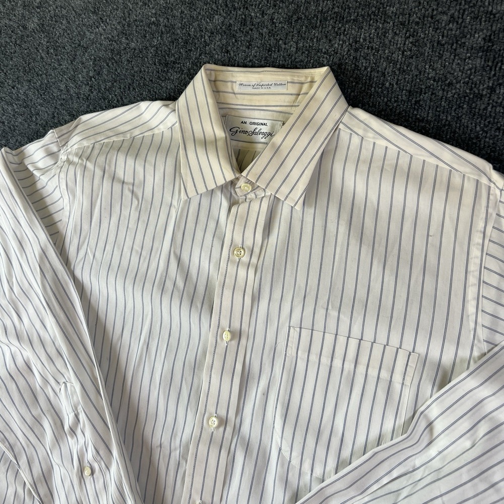 70s Gino Salvaggi Dress Shirt XL‎ 17-34 Made in USA Pinstripe Cotton Read